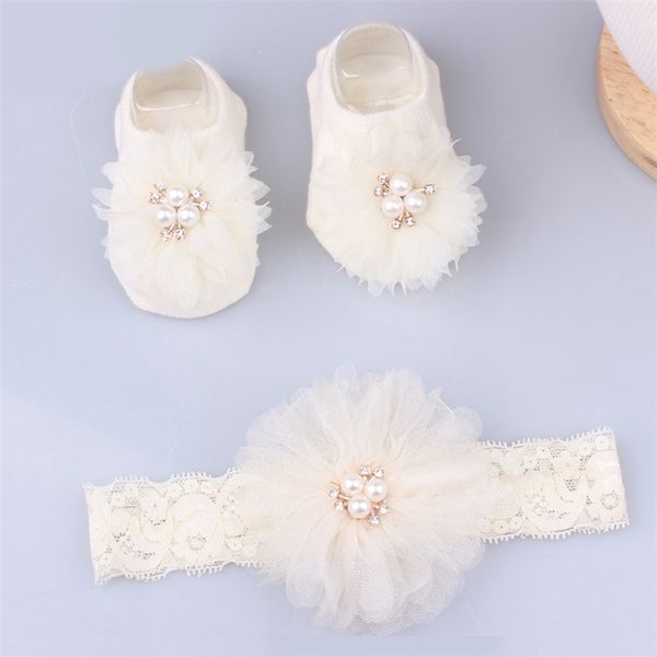 

lovely pearl bows born baby girl headband socks set lace flower baby hair band turban baby little girl hair accessories 220815, Yellow