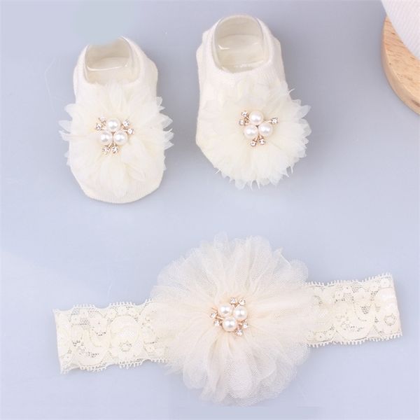 Bellissimi fiocchi di perle nati Calzini per fascia per bambina Set Fiore di pizzo Fascia per capelli per bambini Turbante Accessori per capelli per bambina 220815