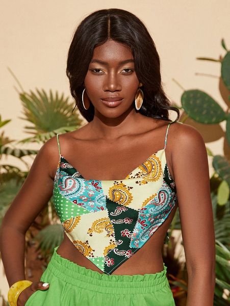 

paisley print tie backless cami a06a#, White