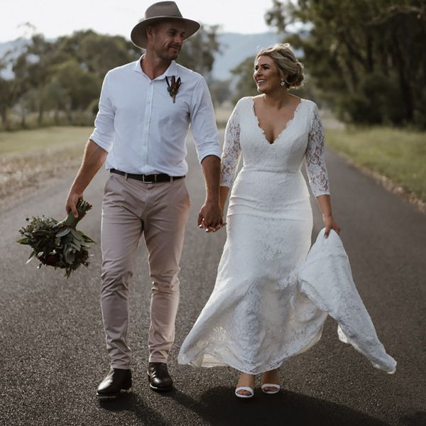 

country lace mermaid wedding dress backless 3/4 long sleeve bridal gowns v-neck plus size bride wedding dresses 2022, White