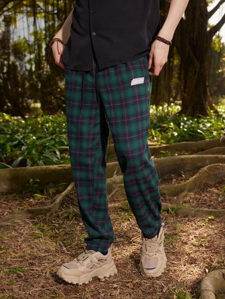 

romwe guys letter patched tartan drawstring pants z6l8#, Black