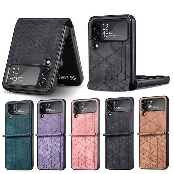 Moda geometri flip deri kılıfları Samsung Galaxy Z flip 4 flip4 zflip4 katlanır sert pc plastik hatlar stant tutucu akıllı telefon mobil cep telefonu kapak torbası