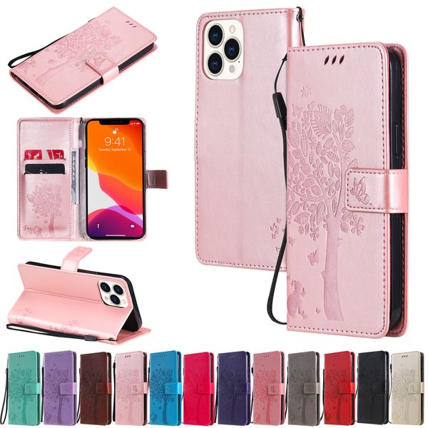 PU-Leder geprägte Katze und Baum Flip Stand Wallet Cases für iPhone 13 Pro Max 12 11 Mini SE XR XS X 8 Plus 7 6 Kartenfächer Halter Telefonabdeckung mit Lanyard