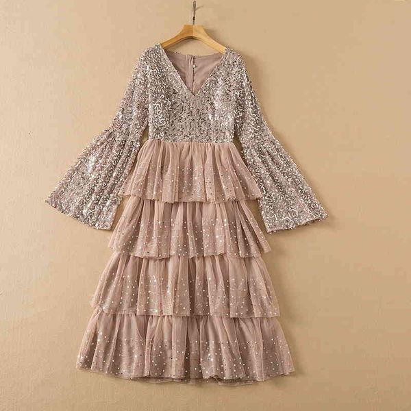 

casual dresses party dress cake skirt women's spring and summer 2022 v-neck mesh sequin flared sleeve 288p, Black;gray