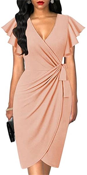 

& tees women's close-fitting cocktail party work wrap dress with deep v neck and pleated sleeves, White