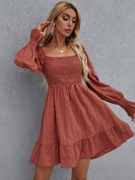 

shirred bodice ruffle hem dress k8yn#, Black;gray