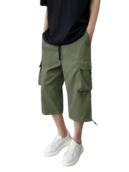 

men drawstring flap pocket cargo pants 93y8#, Black