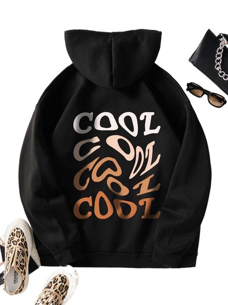 

letter graphic kangaroo pocket drawstring thermal hoodie f02f#, Black