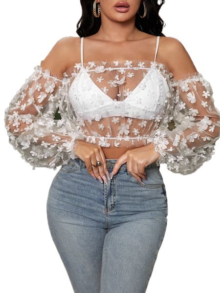 

sxy off shoulder floral applique sheer mesh without bra c0q5#, White