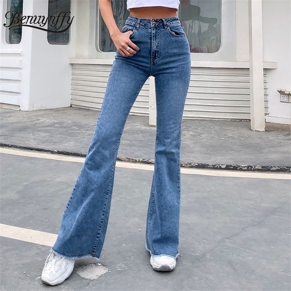 Benuynffy Button Fly Women's Roam HEM Flare Jeans Осенняя мода Женщина Джинсовые брюки Джин Формовая высокая талия Полная длина Slim 220402