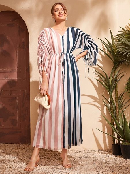 

striped colorblock drawstring dolman sleeve dress p9lc#, Black;gray