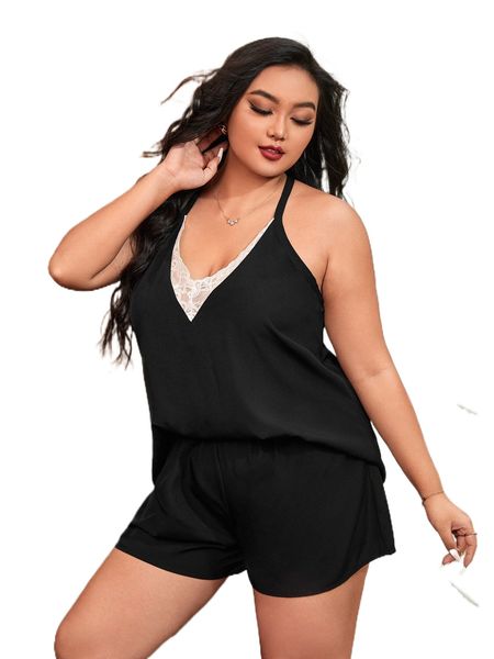 

plus contrast lace halter neck pj set i2jn#, Black;white