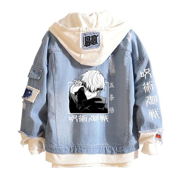 Tute da uomo Gojo Satoru Giacche di jeans Cosplay Jujutsu Kaisen Anime giapponesi Unisex Oversize Cappotto da cowboy blu Felpe con cappuccio Felpa con cappuccio