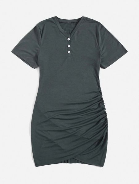 

plus 1pc quarter button ruched side tulip hem dress 62xw#, Black