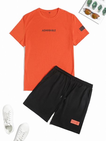 

men slogan graphic tee & drawstring waist shorts n4cf#, Gray