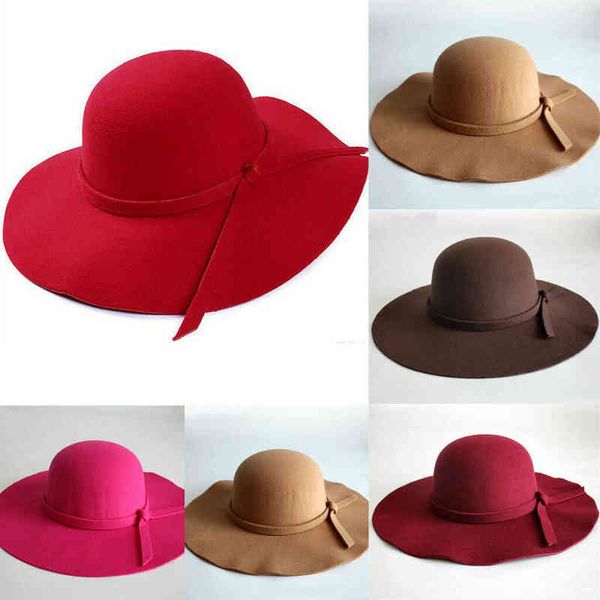 Mulheres senhora dobrável vintage grande lã de feltro lã tampa verão beachtravel floppy sun hat g220301