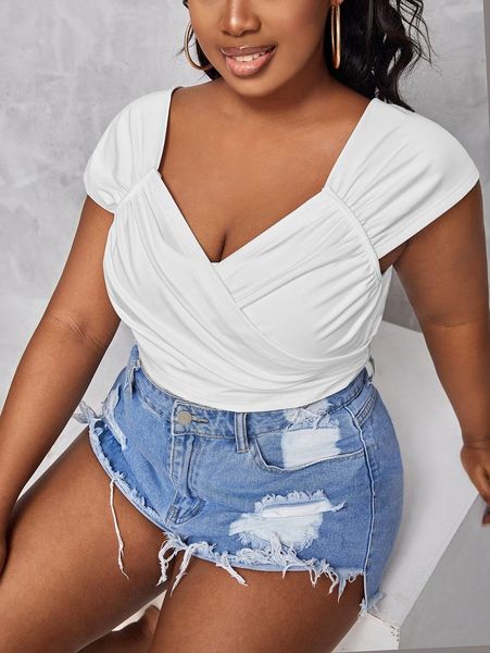 

sxy plus wrap ruched sweetheart neck tee p2lt#, Black