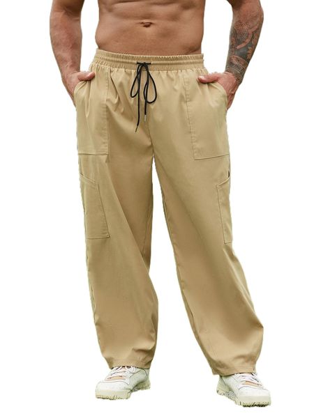

extended sizes men drawstring waist slant pocket pants 02st#, Black