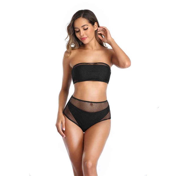 

strapl split swimsuit fishing mesh bikini high waist three piece, White;black