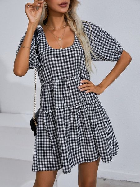 

gingham print puff sleeve smock dress z1yy#, Black;gray