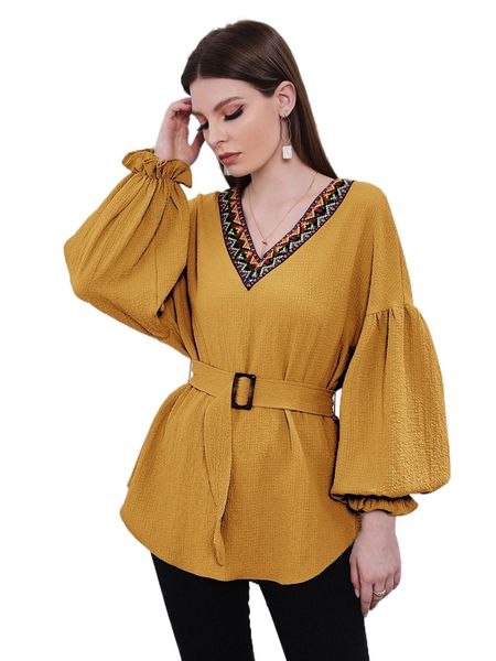 

bishop sleeve geo embroidery buckle belted blouse c1yq#, White