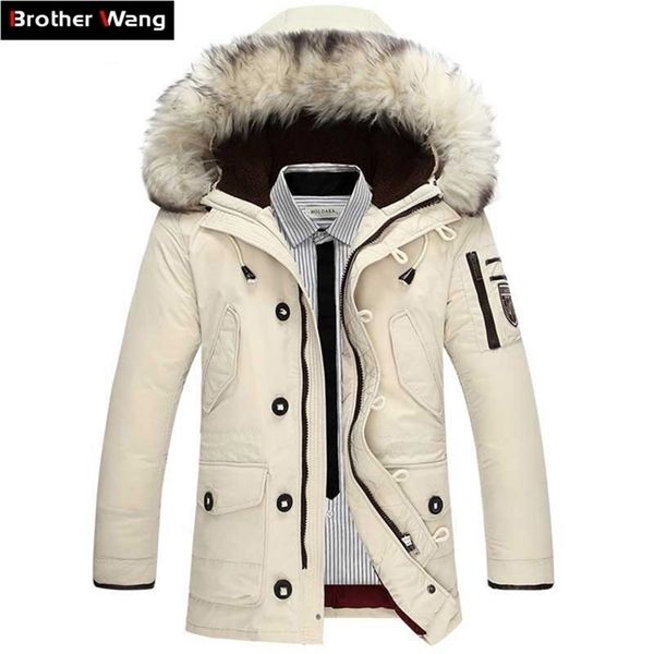 Piumino d'anatra bianco da uomo caldo invernale Moda casual Collo di pelliccia grande Addensare Giacche e cappotti con cappuccio Uomo Beige Bianco 201128