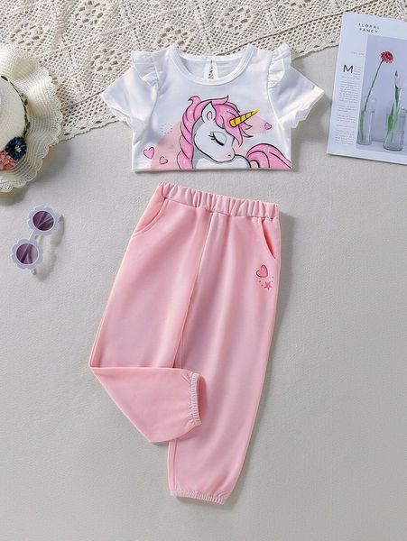 

toddler girls unicorn print frill trim tee & heart print sweatpants she, White