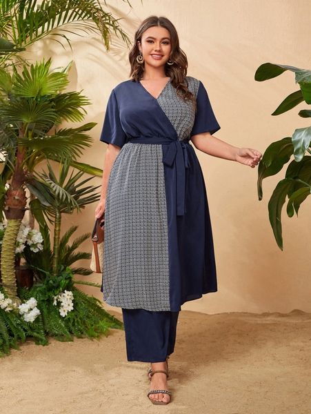 

plus wrap tie side and pants set b6z6#, Black