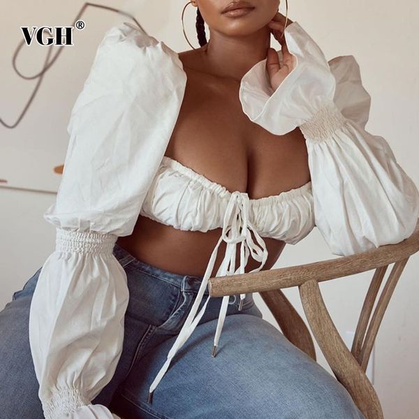 

white short shirts for women square collar flare long sleeve lace up bowknot ruched slim blouses female summer 210507