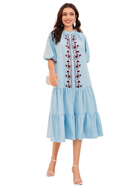 

floral embroidery puff sleeve ruffle hem dress d0t3#, Black;gray