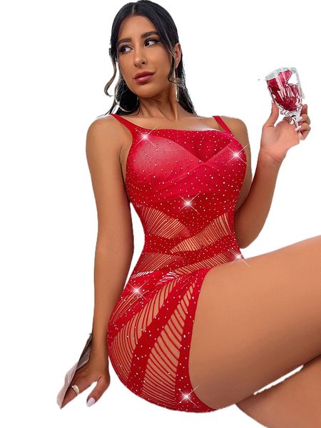 

rhinestone studded mesh dress without lingerie n9iz#, Black;red