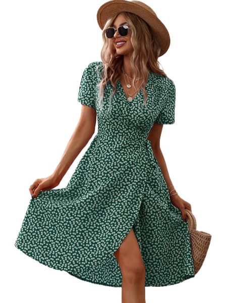 

ditsy floral print knot side wrap dress 14bc#, Black;gray