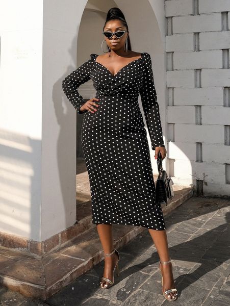 

seomiscky plus surplice neck split hem polka dot dress k3nx#, Black