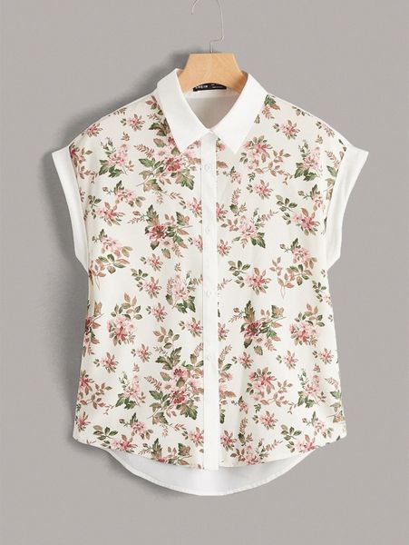 

floral print button front blouse u9po#, White