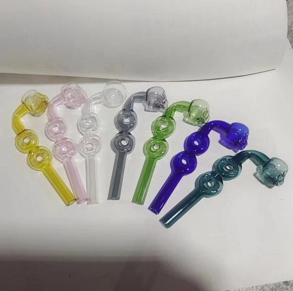 Più nuovo Bruciatore a nafta Pyrex Skull a doppio cerchio Accessori per tubi in vetro per fumatori 7 colori per impianti di bong ad acqua Narghilè Strumenti per gorgogliatori