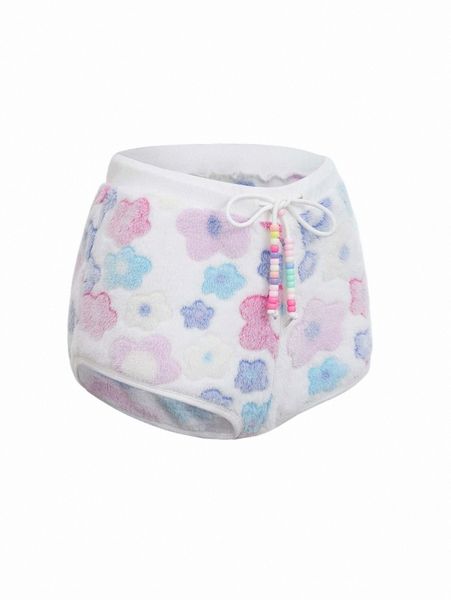 

floral drawstring beaded detail flannel shorts g3mr#, White;black