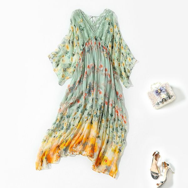 

casual dresses spring pullover silk medium length skirt printed mulberry temperament loose split waist dress nnss, Black;gray