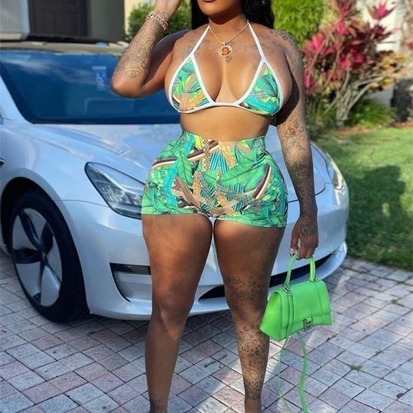 

kliou refreshing print two piece set women halter vneck lace up bikinicasual elastic shorts matching beachwear outfits 220512, White