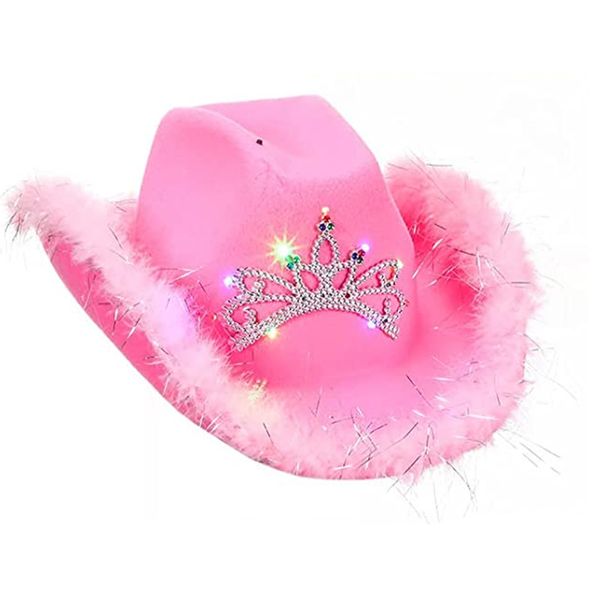 Cowboy-Hut im Western-Stil, rosa, für Damen und Mädchen, Party-Kappe mit Lampe, gebogene breite Krempe mit Feder-Pailletten-Krone, Tiara, Cowgirl-Hut