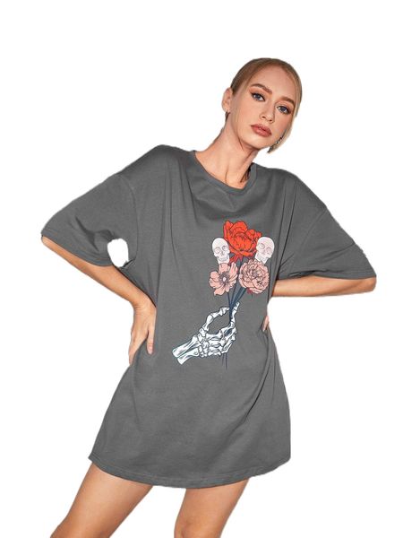 

x l'amour morbide floral & skeleton graphic oversized tee a67w#, White