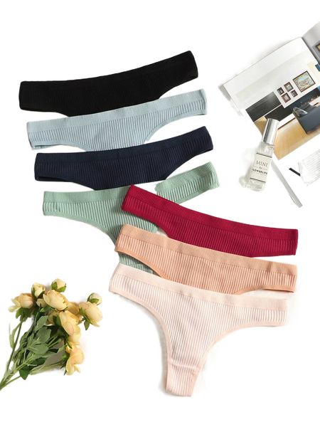 

7pack solid rib thong m05s#, Black;red