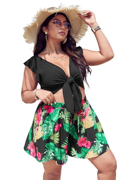 

plus flutter sleeve tie front & tropical print shorts j99c#, Black