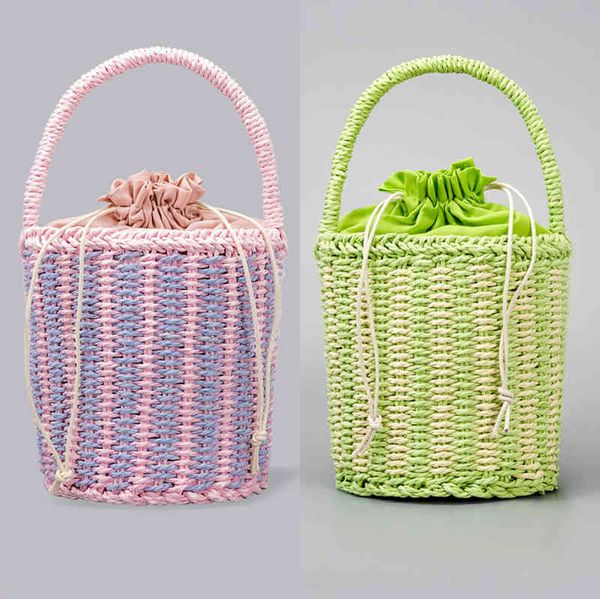 

summer casual straw women handbag rattan woven candy ladies clutch drawstring bucekt beach female handle bag girl purse cute 0628