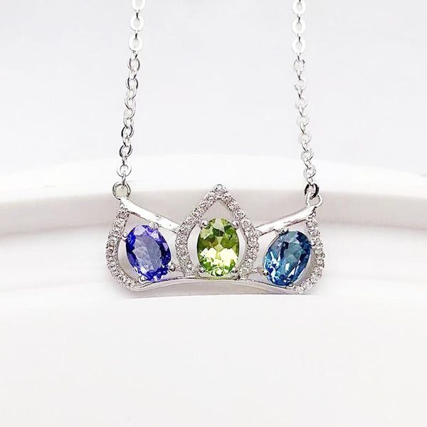 Altro naturale vera tanzanite peridoto topazio collana corona con pendente in argento sterling 925 gioielleria raffinata per uomo donna X21873