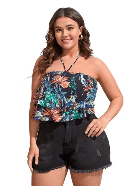 

plus tropical print tie backless halter 30vb#, Black