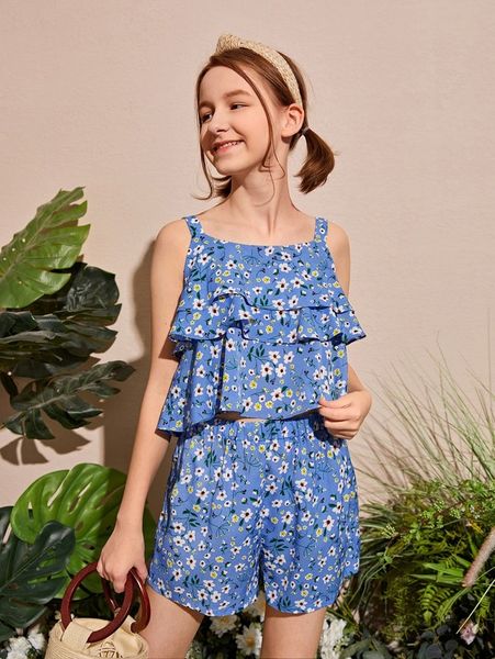

teen girls floral print layered trim cami & shorts set she, White