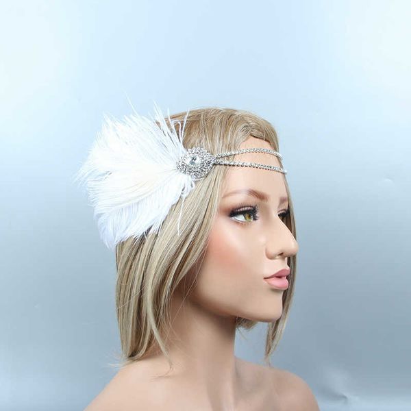

gatsby white feather headband silver crystal beading gemstone headbands for bride & bridesmaid wedding jeweled hair accessories