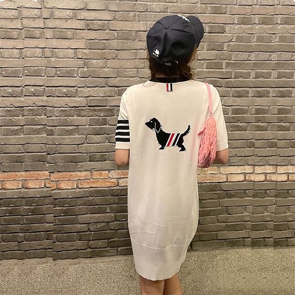 

summer explosion summer tb four stripe back diagonal color bar dog double pocket ice hemp knitted round neck dress women, Black