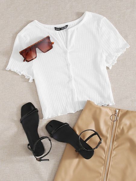 

ribbed buttoned lettuce-edge o2nk#, White