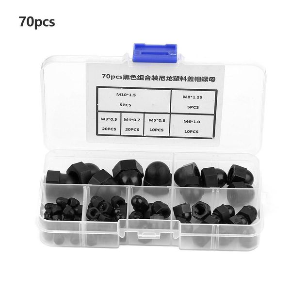 

70pcs m3/m4/m5/m6/m8/m10 nylon acorn nut kit dome head cap hex nuts black